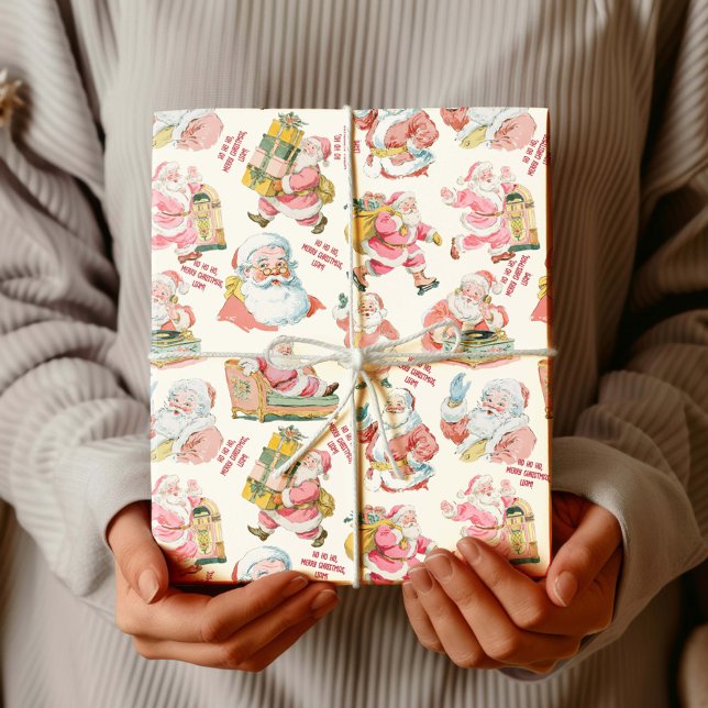 Nostalgic Retro Jultomten-Jul på Cream Presentpapper (Retro Groovy Santa Claus-Festive Christmas Wrapping paper. Holiday Winter Gift wrapping set)