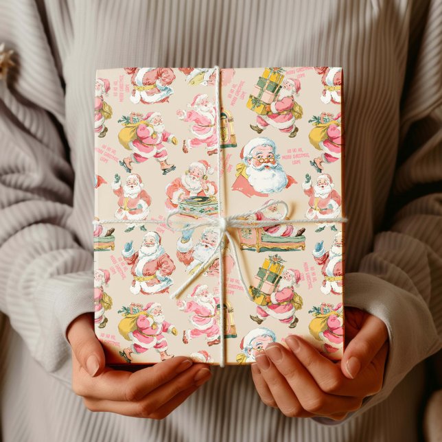 Nostalgic Retro Jultomten-jul på Rosa Presentpapper (Santa Claus themed Christmas Wrapping paper set)