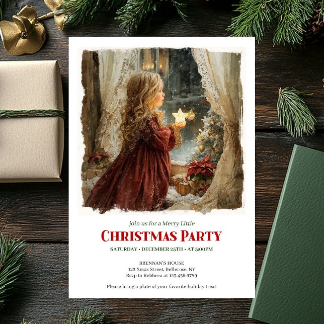 Nostalgic Victorian Little Girl Awaiting Santa   Inbjudningar (Nostalgic Victorian Little Girl Awaiting Santa Digital Invite)