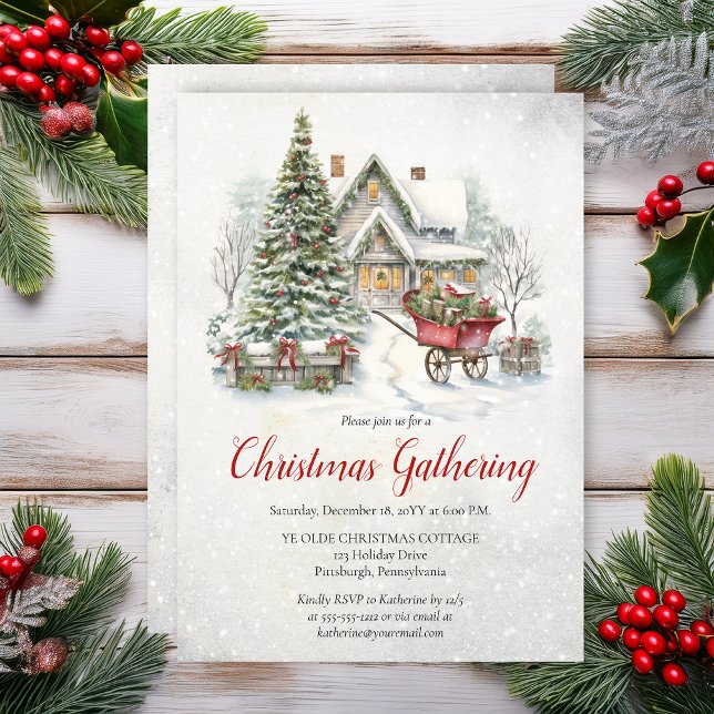 Nostalgic Vintage Cottage Christmas Gathering Inbjudningar (Nostalgic Vintage Cottage Holiday Christmas Gathering Invitation - Print | Digital Download)