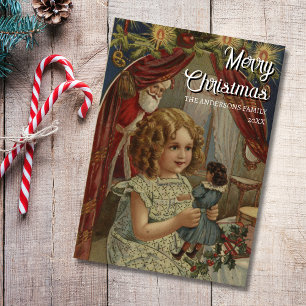 Nostalgic Vintage Girl, Santa and Doll Julkort
