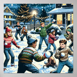Nostalgic Winter Scene | Snowball Fight för barn Poster