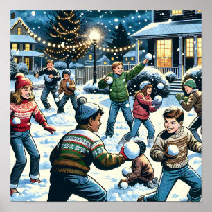 Nostalgic Winter Scene Snowball Fight för barn Poster