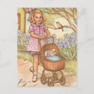 Nostalgik Kitten i Baby Carriage Postcard Vykort