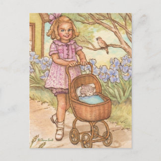 Nostalgik Kitten i Baby Carriage Postcard Vykort