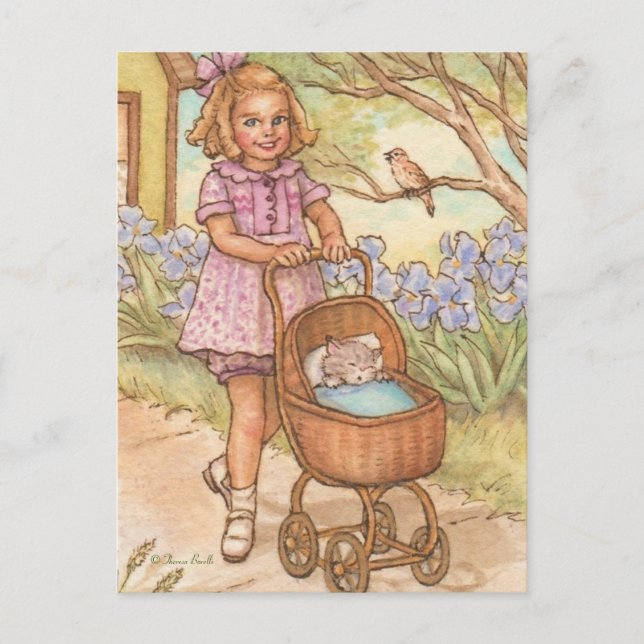 Nostalgik Kitten i Baby Carriage Postcard Vykort (Framsida)