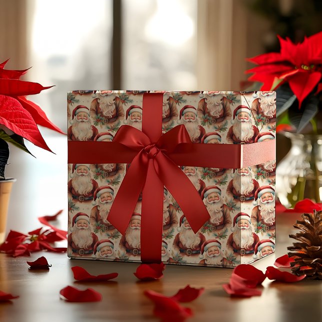 Nostalgik Vintage Se jultomten Helgdag Presentpapper (Elegant Nostalgic Vintage Look Watercolor Santas Pattern Christmas Holiday Wrapping Paper)