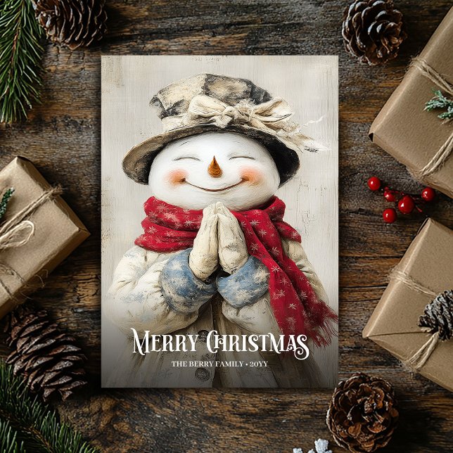 Nostalgisk akvarell Röd Vit Jul Snöman Julkort (Nostalgic Watercolor Red White Christmas Snowman Holiday Card)