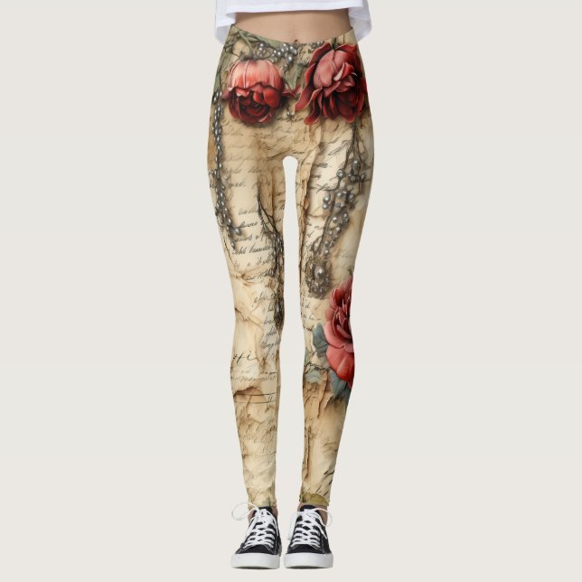 Nostalgisk Antik Blommig Kärleksbrev Leggings (Framsida)