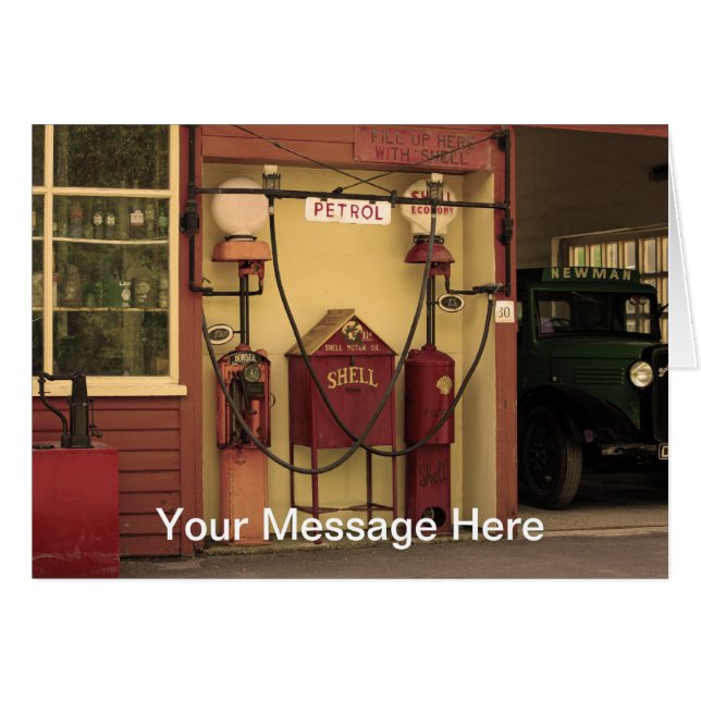 Nostalgisk bensinstation hälsningskort (Framsidan Horizontal)