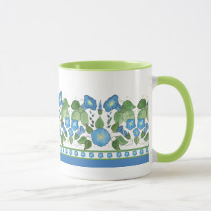 Nostalgisk blå morgonblomma blomsterkant, vit mugg