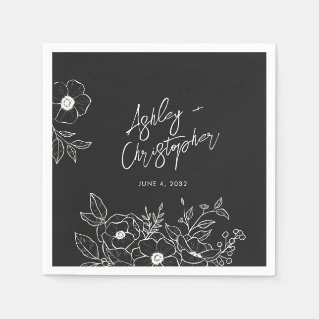 Nostalgisk Blommigt Botanical Black Bröllop Cockta Pappersservett (Framsidan)