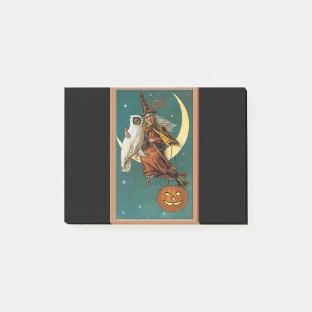 Nostalgisk Glad Halloween-Häxa & Uggla Post-it Block (Framsida)