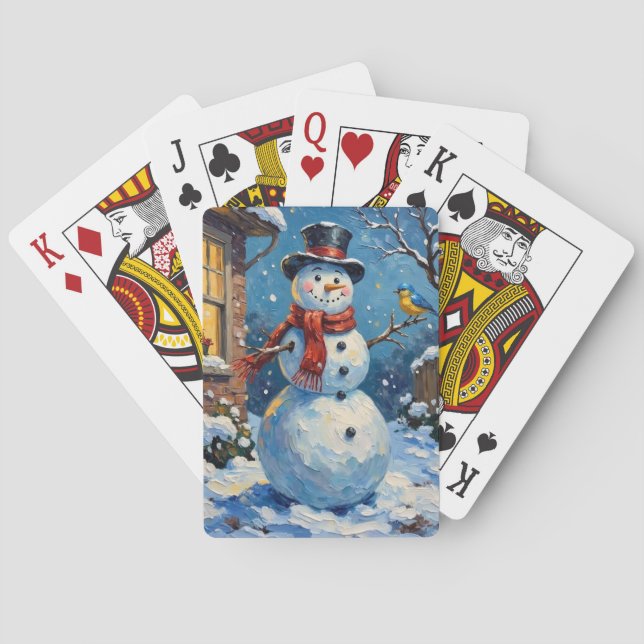 Nostalgisk Glad Snöman med Blåfågel Vinterscen Casinokort (Baksidan)