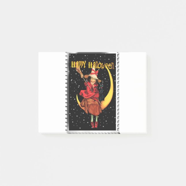 Nostalgisk Halloween God Häxa och hennes Katt Post-it Block (Framsida)