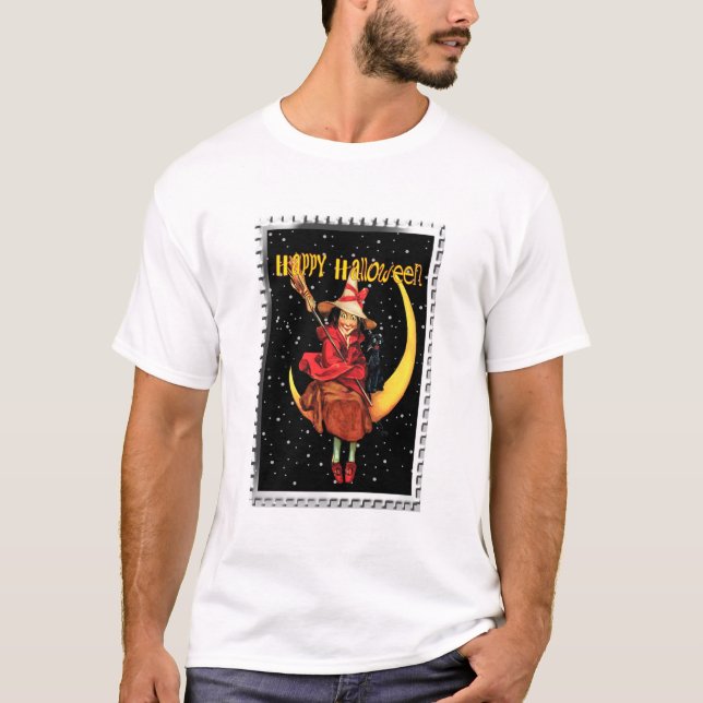 Nostalgisk Halloween God Häxa och hennes Katt T Shirt (Framsida)