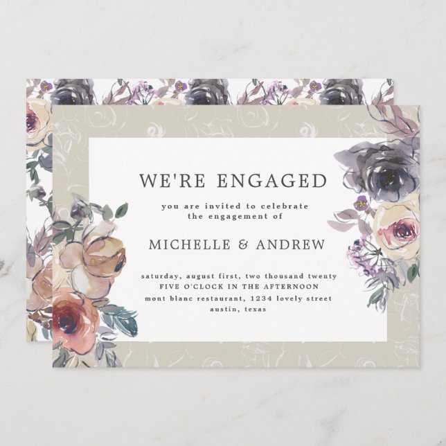 nostalgisk indigo förlovning för  blommigt inbjudningar (Fram/baksida)