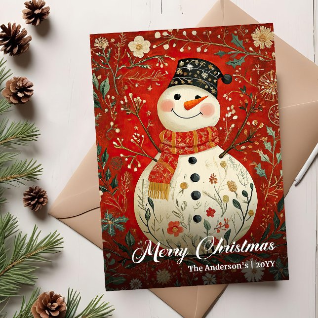 Nostalgisk jul snöman jul tryckbar kort (Nostalgic Christmas Snowman Holiday Printable Card)