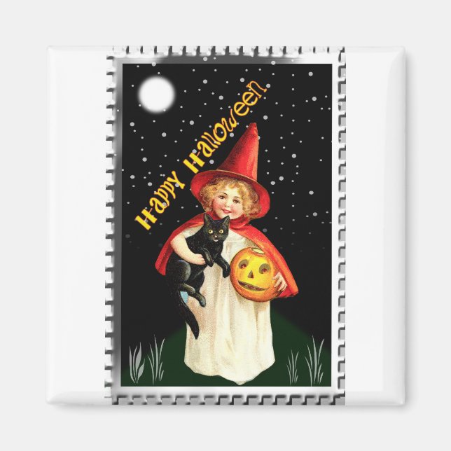 Nostalgisk liten flicka, Jack-o’-lantern och katt Magnet (Framsidan)