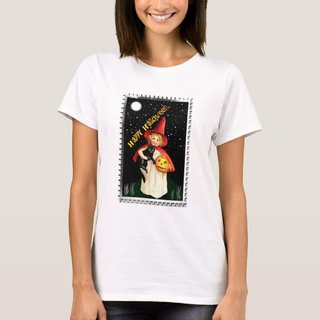Nostalgisk liten flicka, Jack-o’-lantern och katt T Shirt (Framsida)