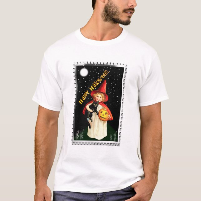 Nostalgisk liten flicka, Jack-o’-lantern och katt T Shirt (Framsida)