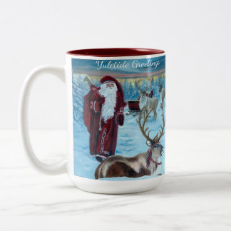 Nostalgisk Målade Tomte och Ren 15 oz. Mugg