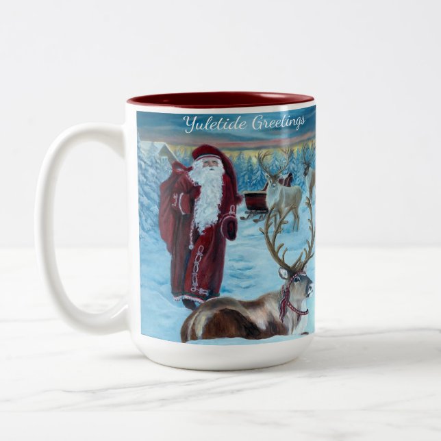 Nostalgisk Målade Tomte och Ren 15 oz. Mugg  (Vänster)