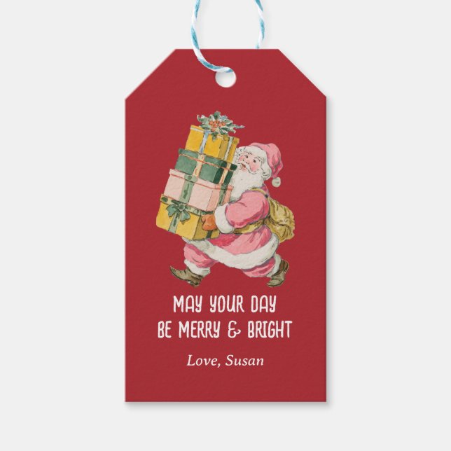Nostalgisk Retro Tomte-Jul på rött Presentetikett (Framsidan)