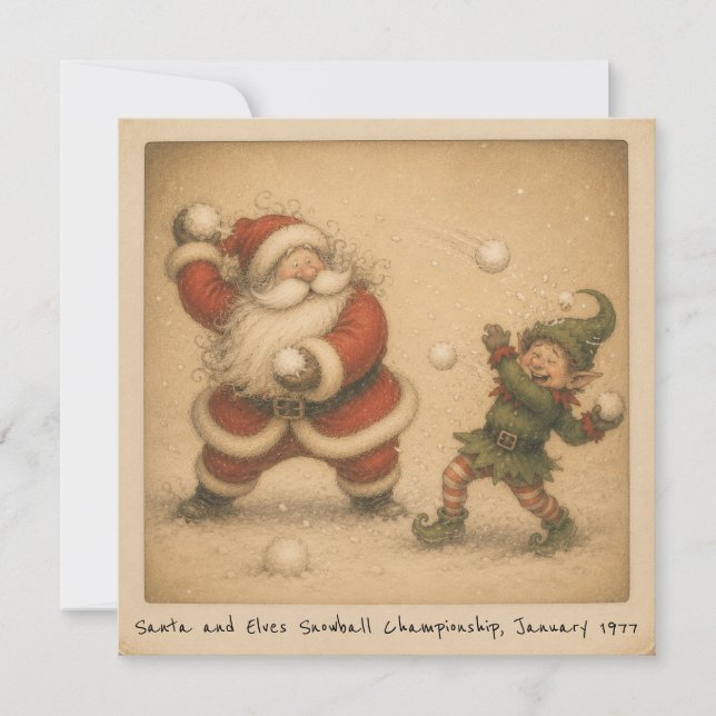 Nostalgisk Santa & Elf Snöbollskrig Foto Kort (Framsida)