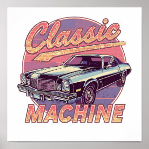 Nostalgisk Synthwave Solnedgångsbil Poster