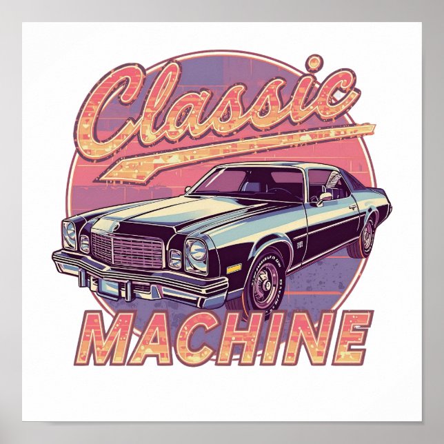 Nostalgisk Synthwave Solnedgångsbil Poster (Framsidan)