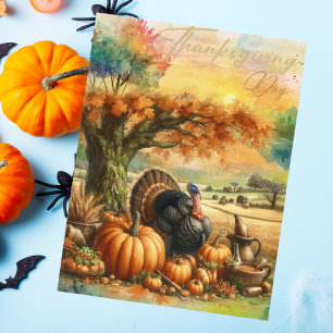 Nostalgisk Thanksgiving Day Pumpa och Turkiet Helg Vykort