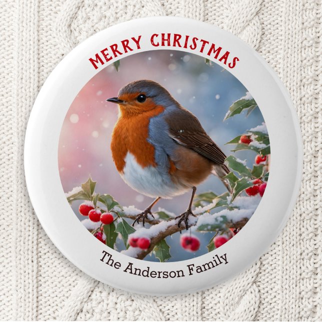 Nostalgisk Vinter Rödbröst Glad Jul Knapp (A personalized Christmas button badge with a festive robin redbreast on a snowy branch)