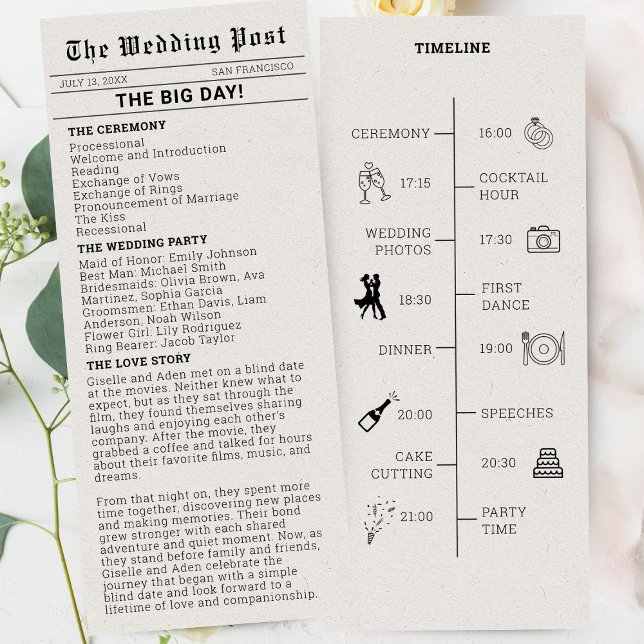 Nostalgiskt bröllopsprogram i tidningsformat inbjudningar (News Paper Wedding Program)