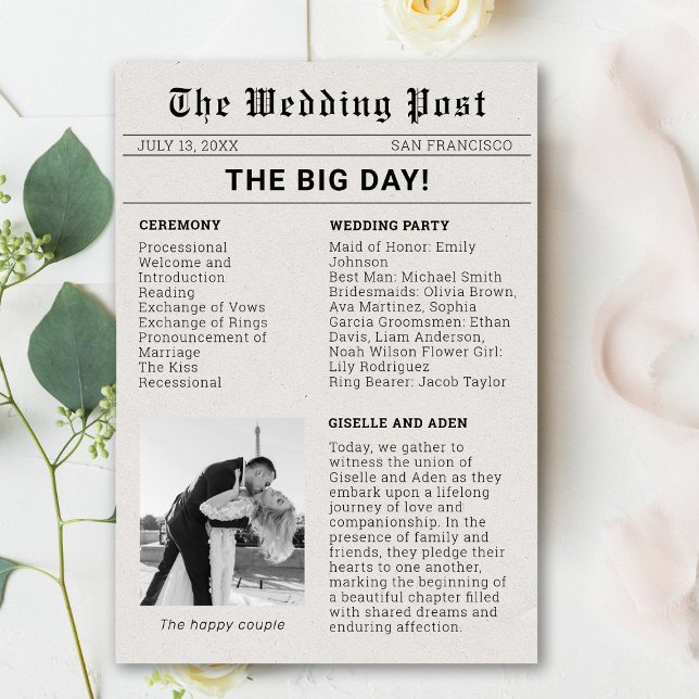 Nostalgiskt bröllopsprogram i tidningsformat inbjudningar (Newspaper Wedding Program)
