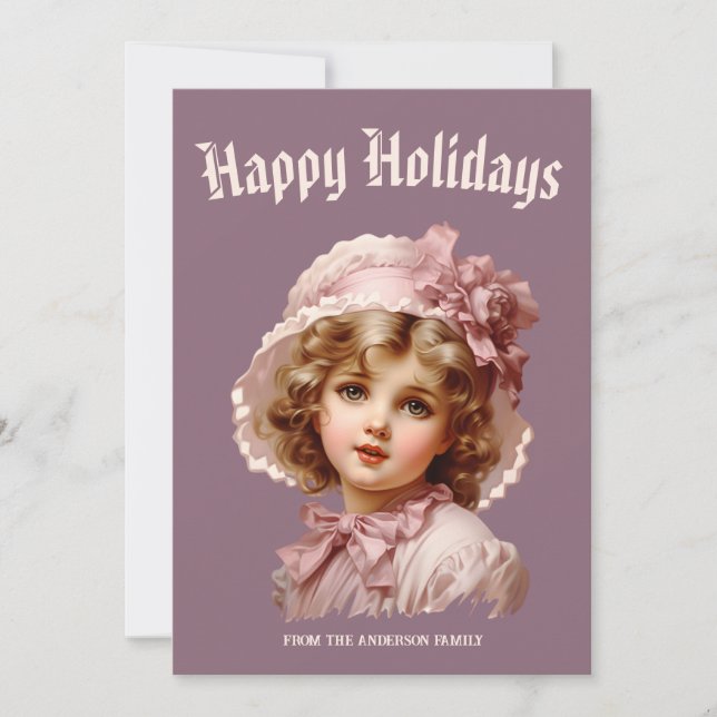 Nostalgiskt flicka i rosa julkort (Framsida)