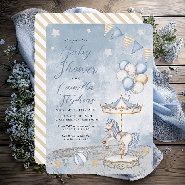 Nostalgiskt kustnära karusellutsedd babystötare inbjudningar (Nostalgic Coastal Carousel Themed Boy Baby Shower Invitation - Print | Digital Download)
