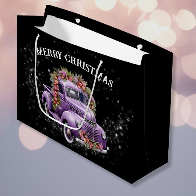 Nostalgiskt Lila lastbil Hem för jul (Nostalgic Purple truck Home for Christmas Large Gift Bag)