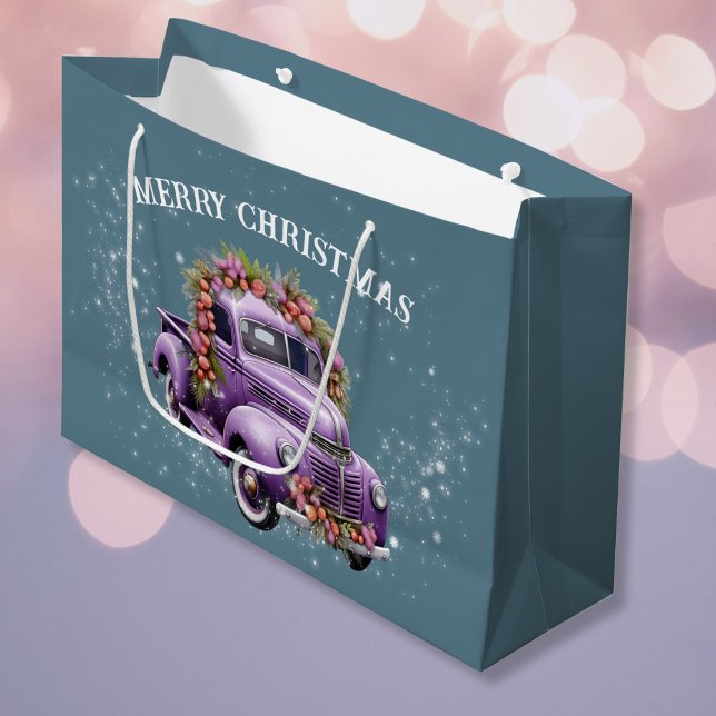 Nostalgiskt Lila lastbil Hem för jul (Nostalgic Purple truck Home for Christmas Large Gift Bag)
