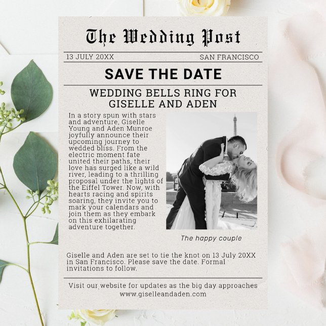 Nostalgiskt nyhetsblad Bröllop spara datum Inbjudningar (Newspaper Wedding Save the Date)