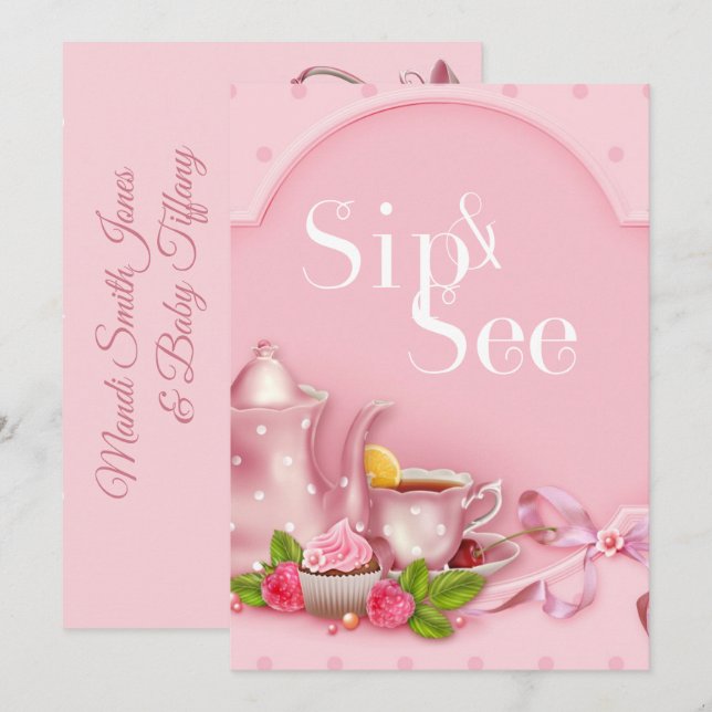 Nostalgiskt Rosa Tea Party Sip och se babyskor Inbjudningar (Fram/baksida)