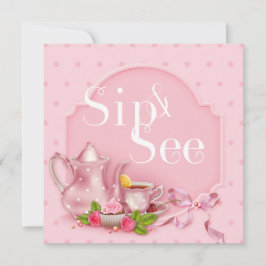 Nostalgiskt Rosa Tea Time Sip och se Babykläder Inbjudningar