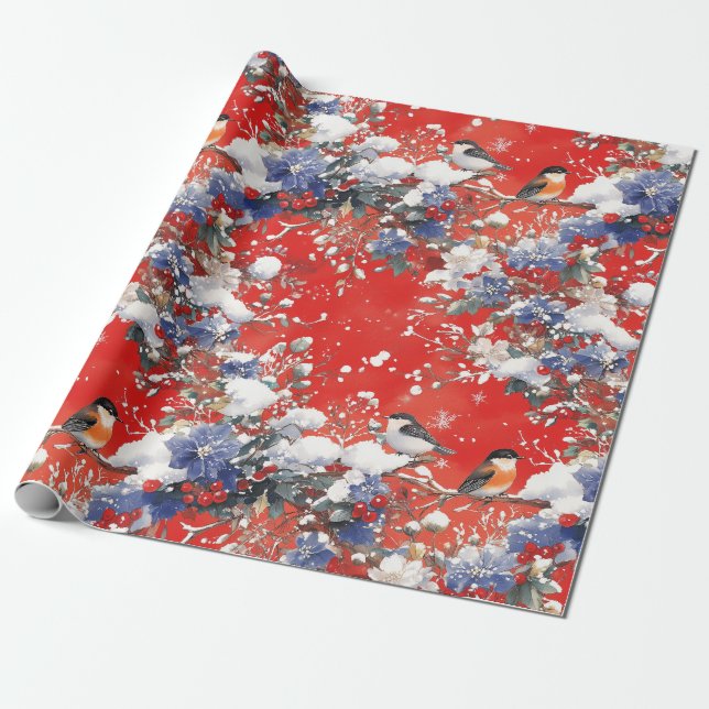 Nostalgiskt snö- och fågeltema julpapper (Utrullad)