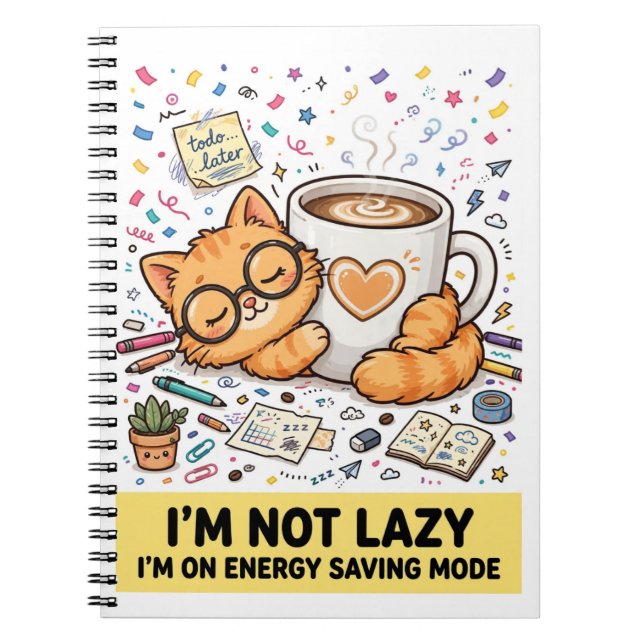 Not Lazy - Energy Saving Cat Notebook Anteckningsbok (Framsidan)