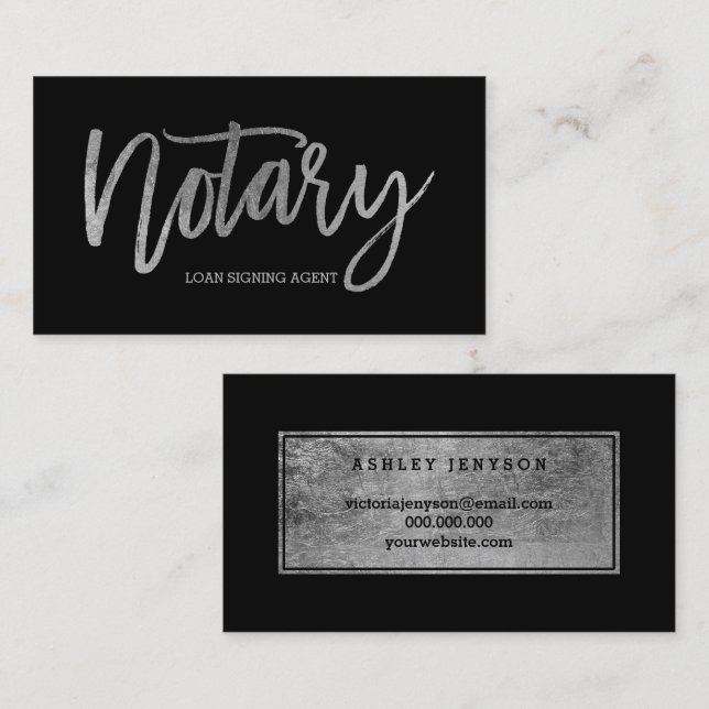 Notär elegant chic silver typografi svart visitkort (Fram/baksida)