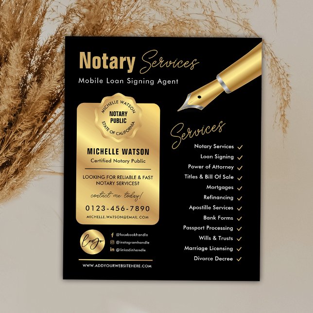 Notär Loan Signing Agent Frimärke Black & Guld Log Flygblad (Modern black and gold loan signing agent & notary marketing flyer with your custom photo and logo)