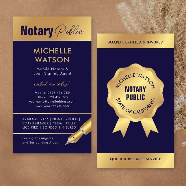 Notär Loan Signing Agent Modern Navy & Guld Visitkort (Modern notary loan signing agent business cards in navy blue and gold)