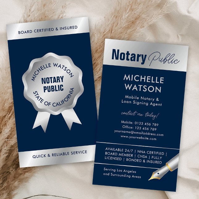 Notär Loan Signing Agent Modern Navy & Silver Visitkort (Stylish notary public & lawyer business cards in navy blue and silver)