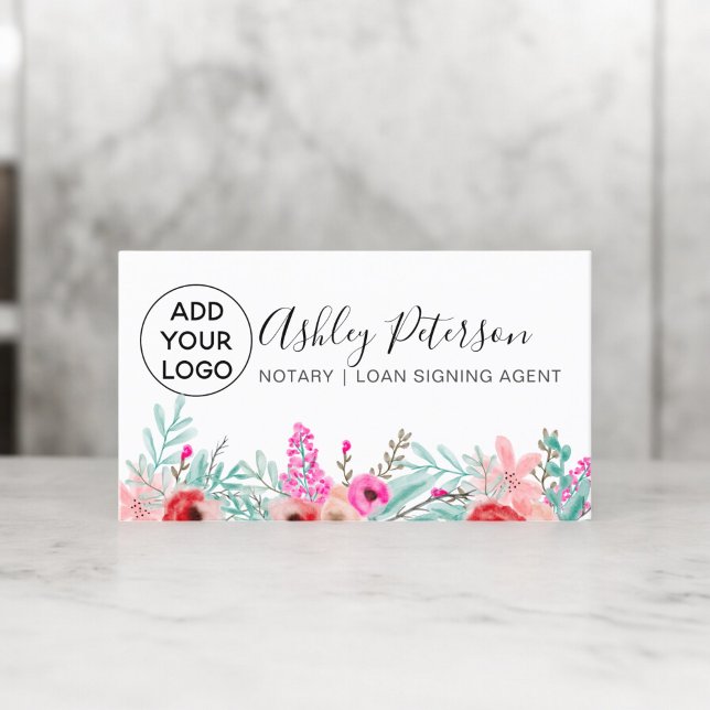 Notär logotyp Mint rosa blommigt vattenfärgsbukett Visitkort (Notary logo Mint pink floral watercolor bouquet Business Card)