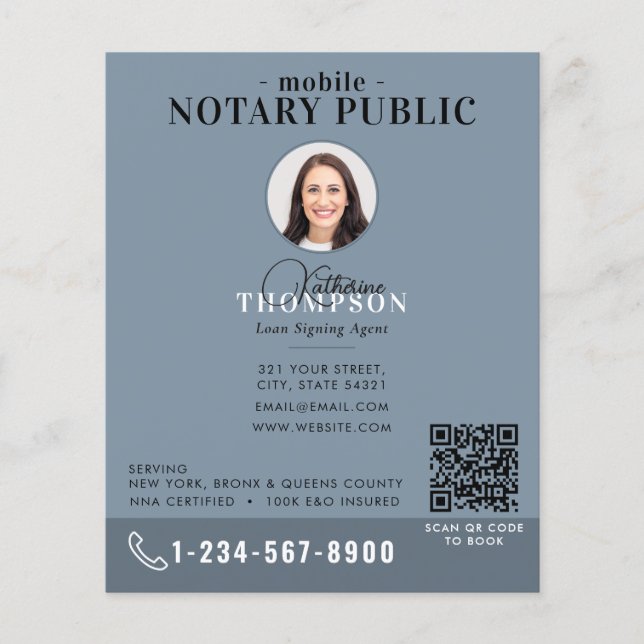 Notarie Signing Agent Modern Blå Foto QR-kod Flygblad (Framsidan)